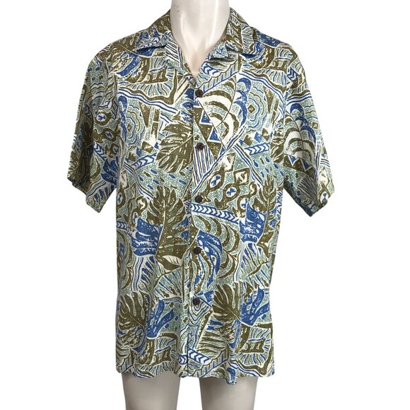 GO BAREFOOT - MEN'S XL - GREEN/BROWN SHORT SLEEVE BUTTON COLLARED HAWAIIAN SHIRT - Picture 1 of 7